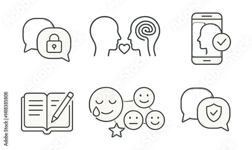 Line vector icons of mental wellbeing: secure talk, empathy talk, cognitive path, mental check-in, guided journaling, happy tear, emotion rating, safe talk.