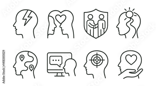 Line vector icons of mental wellbeing: emotional breakthrough, empathy skill, safe interaction, clarity path, recovery roadmap, therapy interface, focused therapy, emotional care.