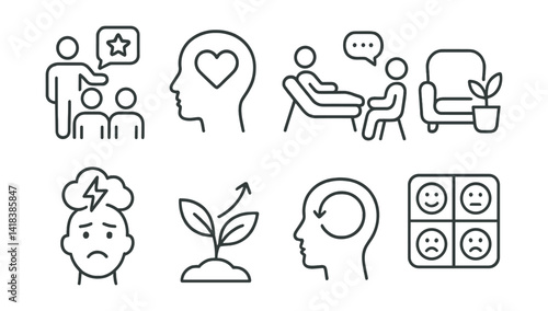 Line vector icons of mental wellbeing: motivational session, wellness icon, therapy hub, comfort space, crisis response, growth monitor, self-awareness graph, daily emotions.