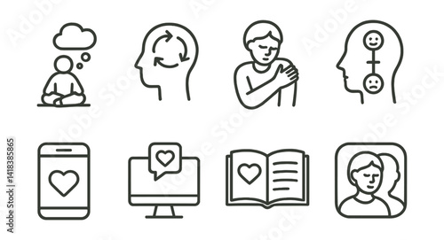 Line vector icons of mental wellbeing: reflective space, behavioral loop, self-soothing, emotion slider, therapy app icon, online care, support journal, mindful reflection.