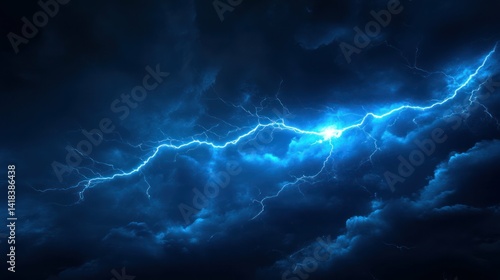 Dramatic lightning strike against dark, ominous clouds in a blue-toned sky.