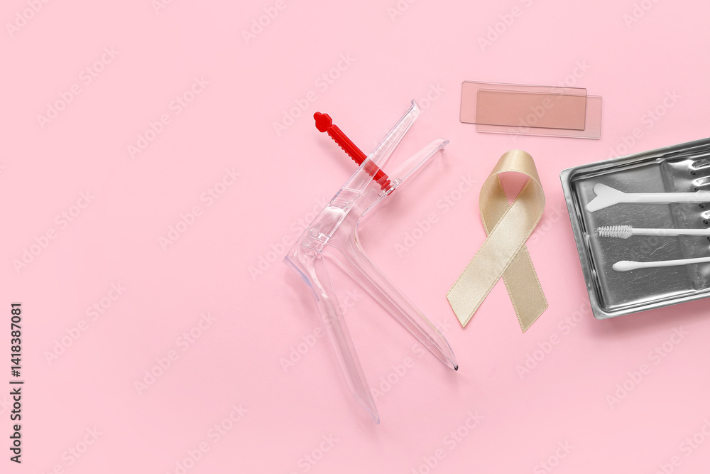 Beige ribbon with gynecological tools on pink background. Uterine cancer awareness concept