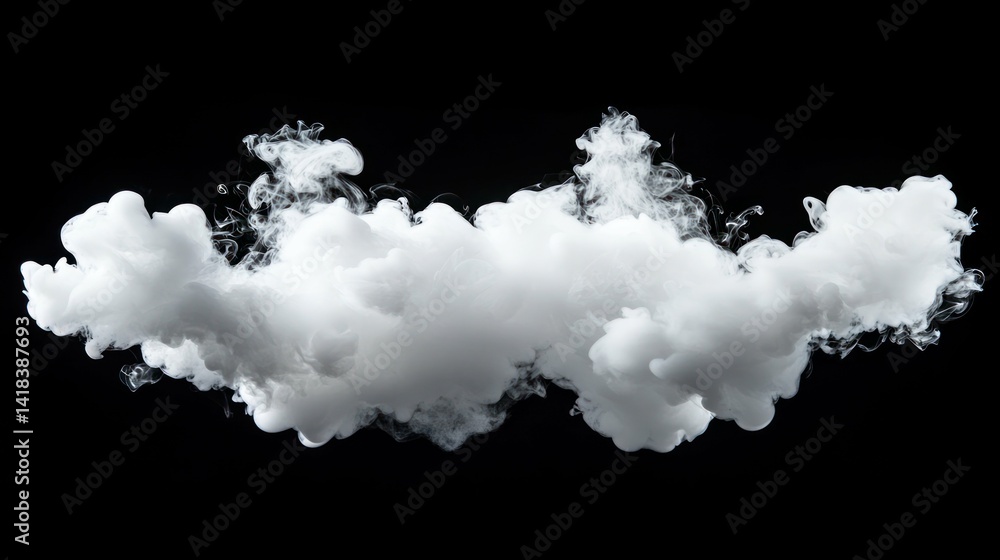 A cloud-like swirl of white vapor against a stark black backdrop. A cloud-like swirl of white vapor against a stark black backdrop.