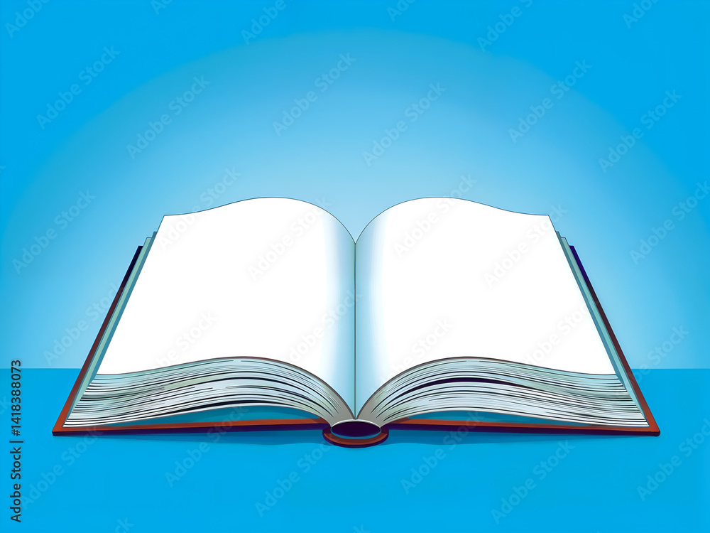 Open book with blank pages on blue gradient background, perfect for education, reading, or knowledge themes. Generative AI