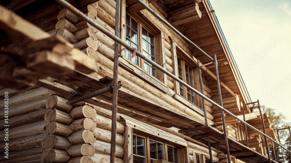 The log cabin under construction is surrounded by scaffolding, with stacks of wood suggesting the cabin's exterior is being built or repaired. The log cabin under construction is surrounded by scaffolding, with stacks of wood suggesting the cabin's exterior is being built or repaired.