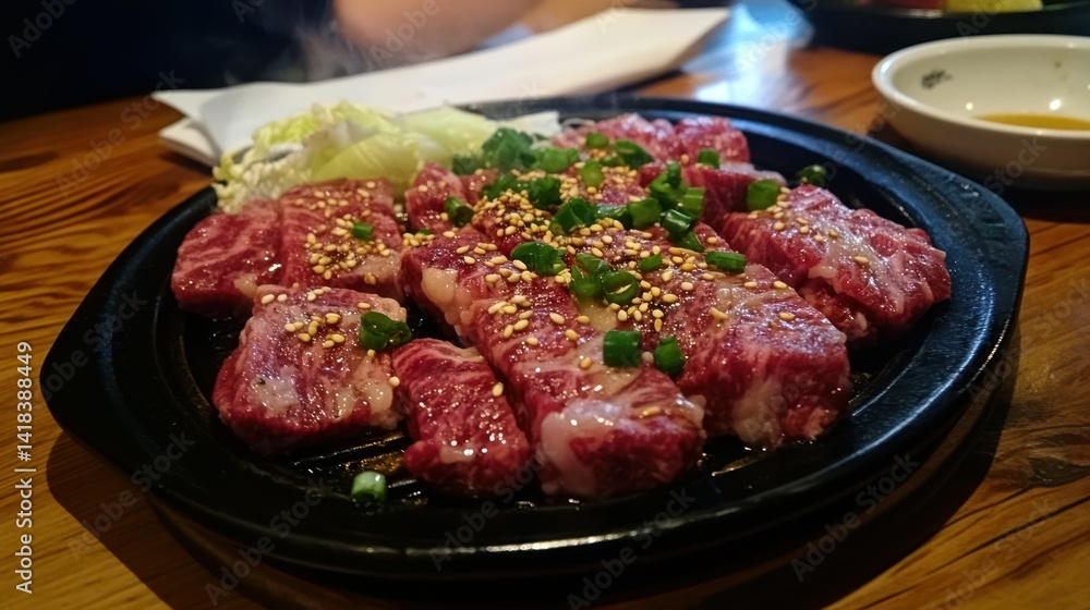 Delicious, marbled wagyu beef yakiniku with sesame and green onion. Delicious, marbled wagyu beef yakiniku with sesame and green onion.