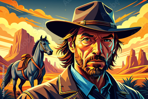 Landscape Sunset illustration of a cowboy portrait and horse in the desert
