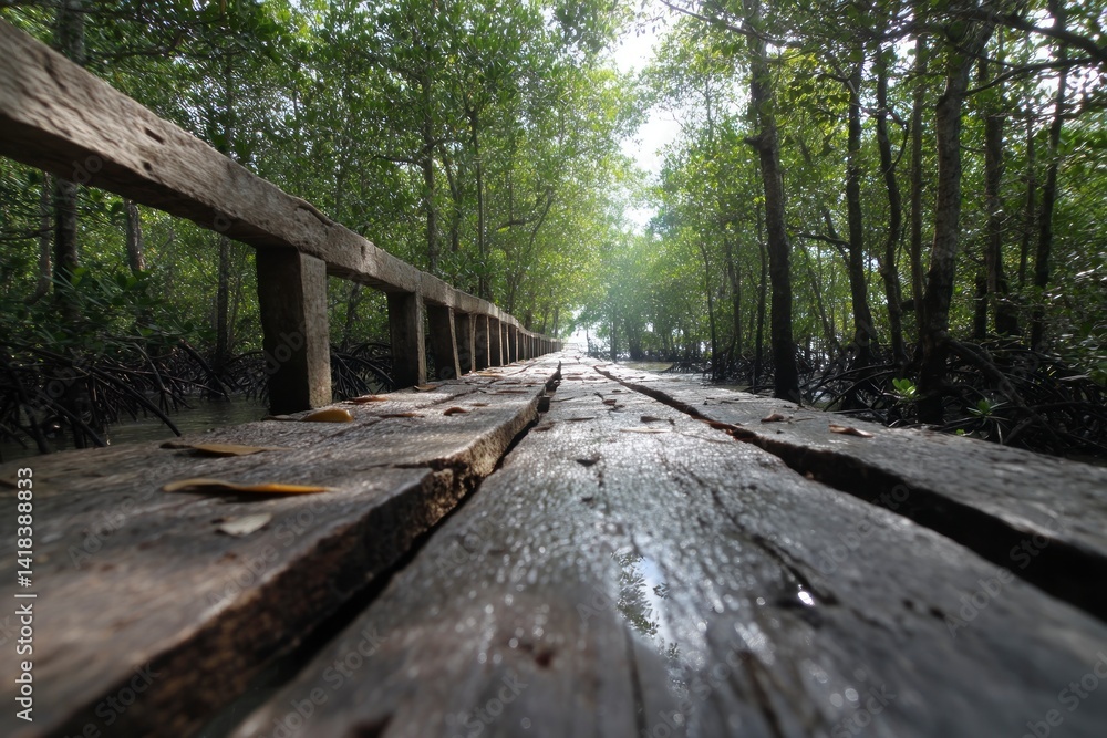 Walking Wooden Path Through Green Mangrove Forest Perspective View Walking Wooden Path Through Green Mangrove Forest Perspective View