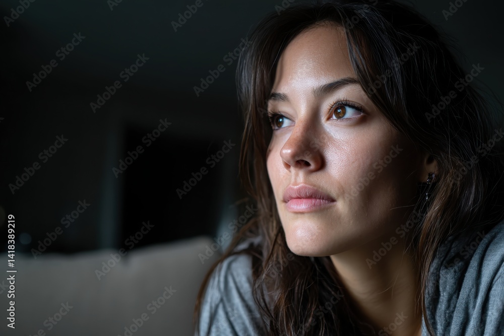 A close-up portrait of a young woman lost in thought, with her brown eyes reflecting depth and emotion, showcasing her natural beauty in a serene, introspective moment. A close-up portrait of a young woman lost in thought, with her brown eyes reflecting depth and emotion, showcasing her natural beauty in a serene, introspective moment.