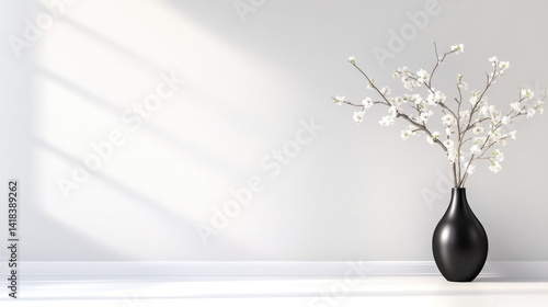 A black vase with delicate white flowers standing on a white surface against a minimalist light gray wall, soft sunlight casting shadows, and elegant interior design.