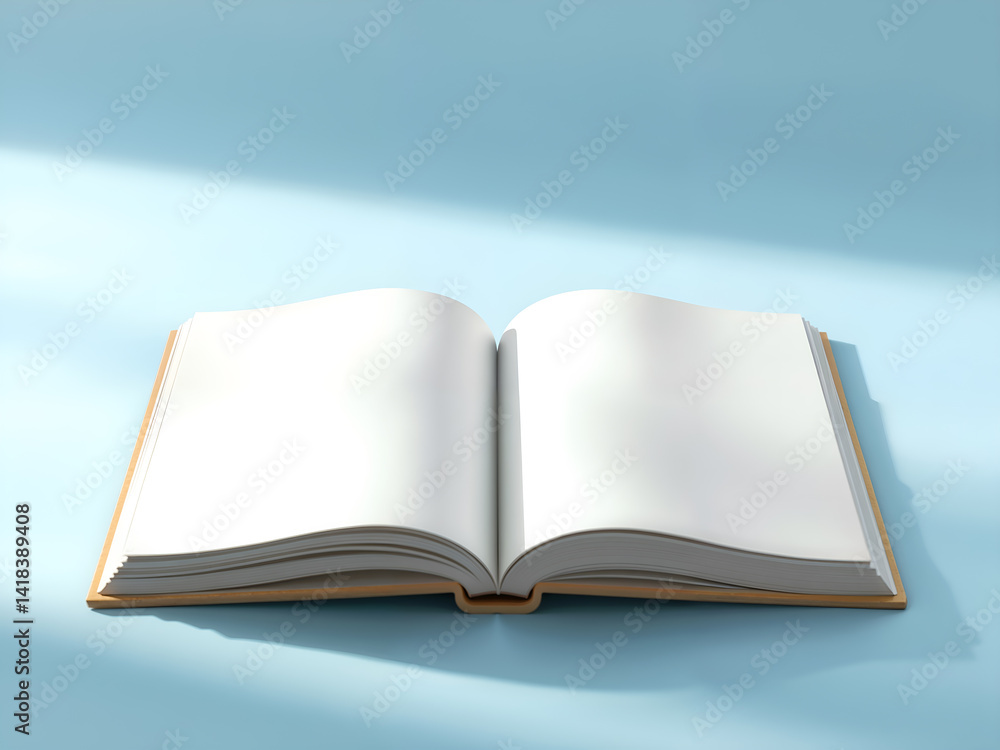 Open book with blank pages on blue gradient background, perfect for education, reading, or knowledge themes. Generative AI