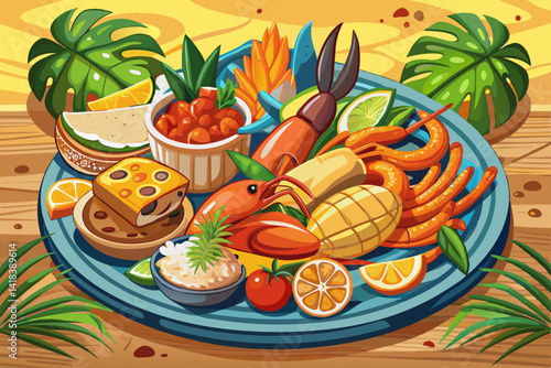vector of A delectable tropical seafood platter with baked crab, grilled fish fillet and fried shrimp, served with roasted tropical vegetables and lime.