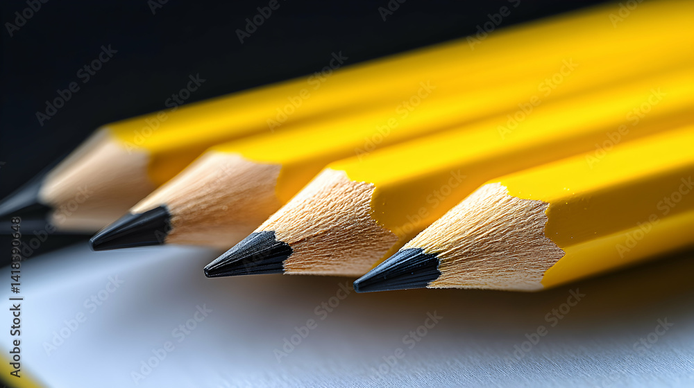 Obraz premium Close-up shot of three sharpened yellow pencils, their graphite tips prominently displayed against a blurred background. Perfect for education, creativity, and back-to-school themes.