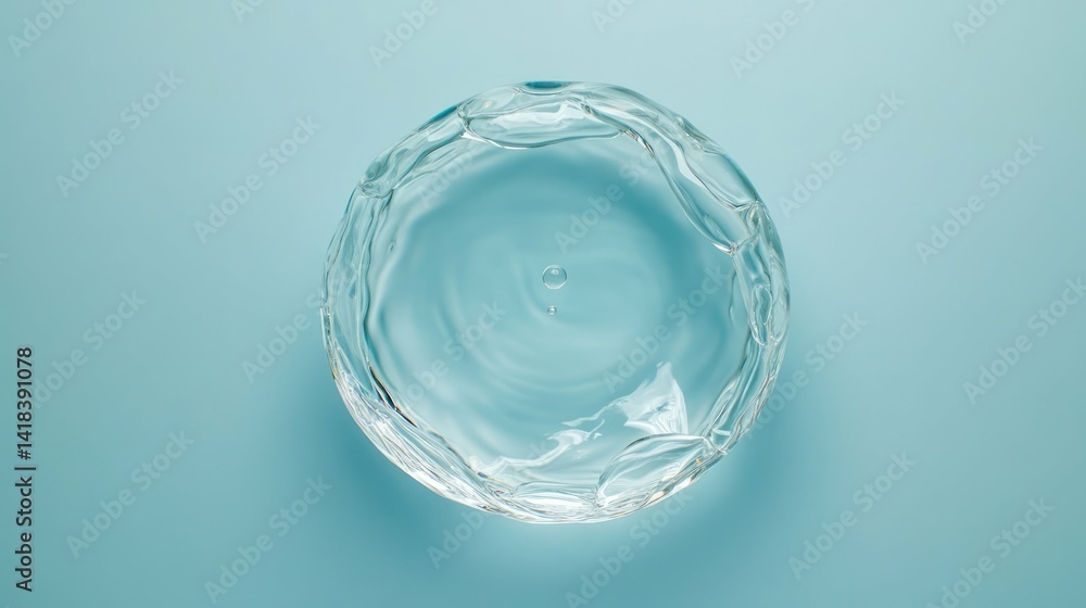 Abstract close-up of a transparent water sphere on a light blue background. Abstract close-up of a transparent water sphere on a light blue background.