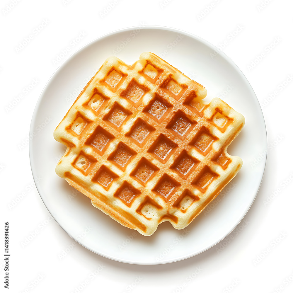 Golden Belgian waffle with square indentations and crisp edges, isolated white background, realistic food style Golden Belgian waffle with square indentations and crisp edges, isolated white background, realistic food style
