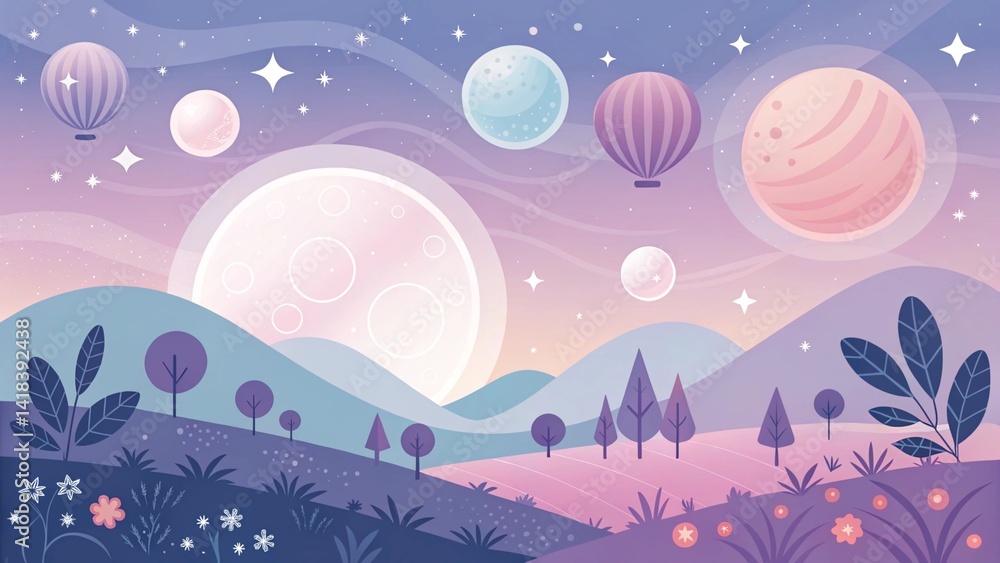 Pastel landscape with planets, stars, trees, and flowers in a dreamy, celestial style illustration created with generated ai Pastel landscape with planets, stars, trees, and flowers in a dreamy, celestial style illustration created with generated ai