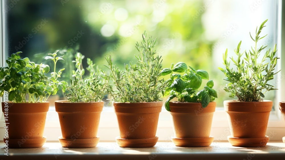 Five potted herbs sit on a windowsill bathed in natural light. Five potted herbs sit on a windowsill bathed in natural light.