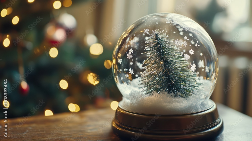Christmas snow globe with a tree inside and a bokeh christmas tree background Christmas snow globe with a tree inside and a bokeh christmas tree background