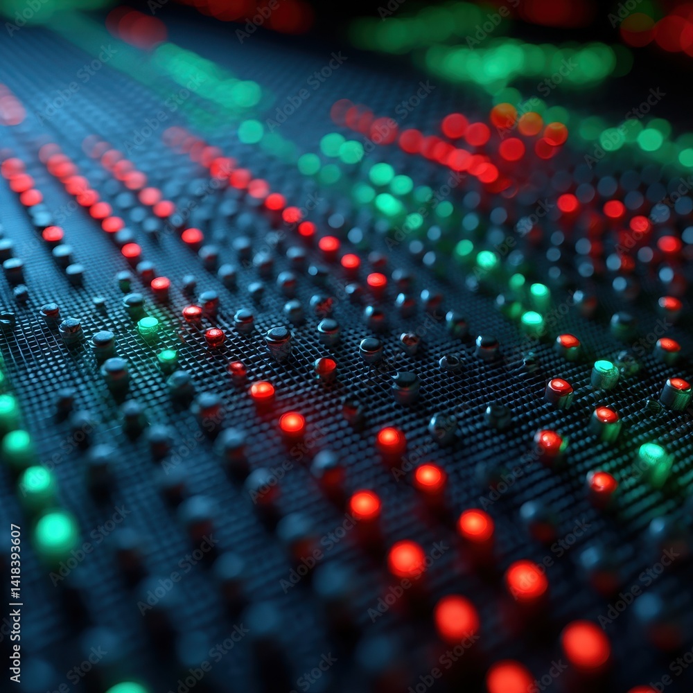 Abstract display of a grid of illuminated buttons, showing a mix of red and green lights indicating possible status indicators. Abstract display of a grid of illuminated buttons, showing a mix of red and green lights indicating possible status indicators.