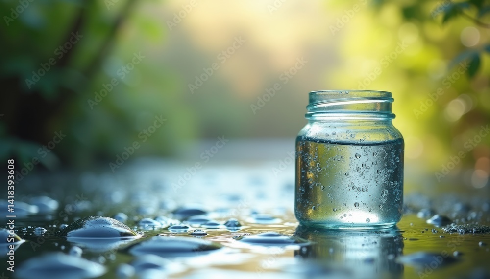 Clear jar filled with water surrounded by natural greenery Clear jar filled with water surrounded by natural greenery