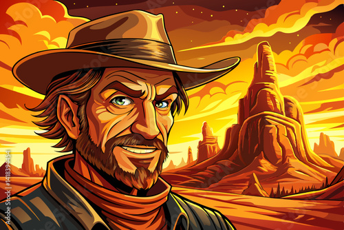 Landscape Sunset illustration of a cowboy smile portrait in the desert