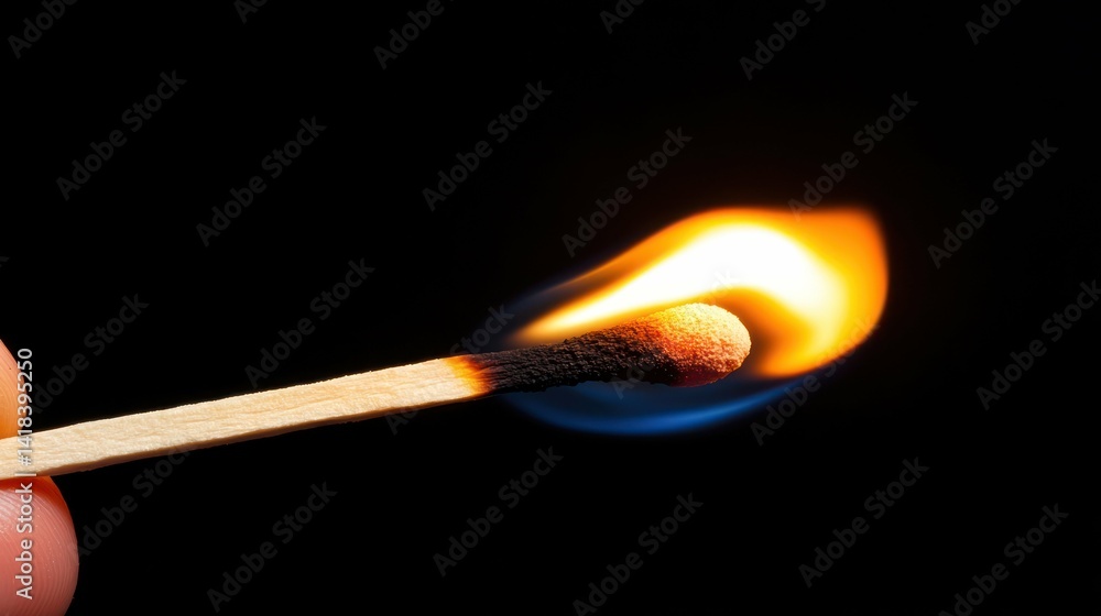 Close-up of a burning matchstick with a flame against a dark background. Close-up of a burning matchstick with a flame against a dark background.