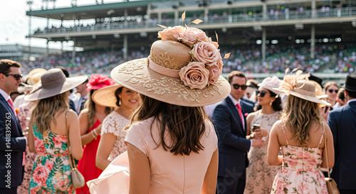 Spectators crowd Kentucky Derby fashion women elaborate hats event