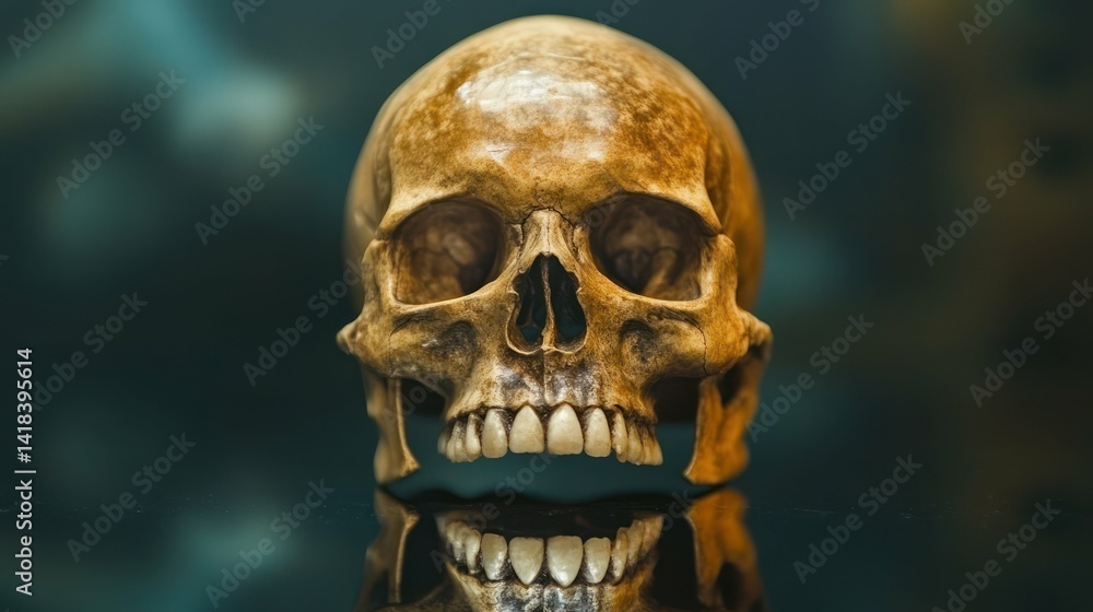 Detailed photo of a human skull with a dark, reflective background. Detailed photo of a human skull with a dark, reflective background.