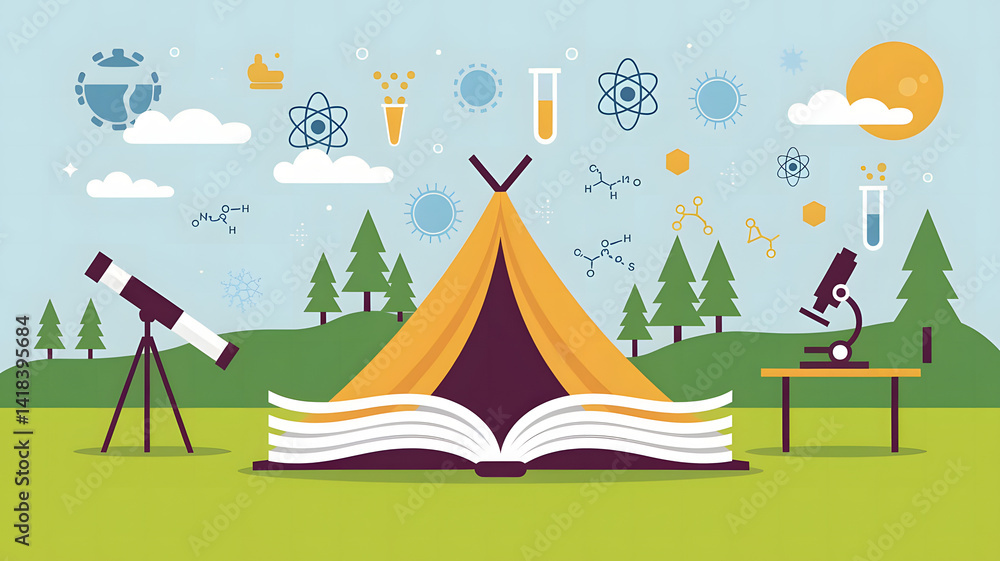 Camping nature illustration vector with tent, tree, and star for a summer holiday Camping nature illustration vector with tent, tree, and star for a summer holiday