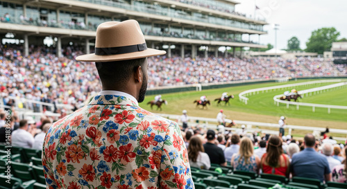 Man in hat watching horse race Kentucky Derby crowd spectator view