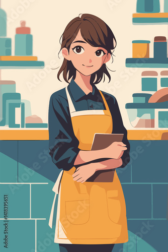 アニメタッチのお店で働くエプロンの女性のAI生成画像