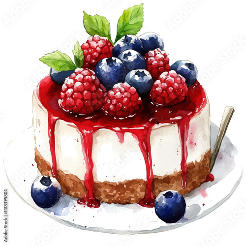 Cheesecake Topped With Berries, watercolor vector, isolated on a white background.