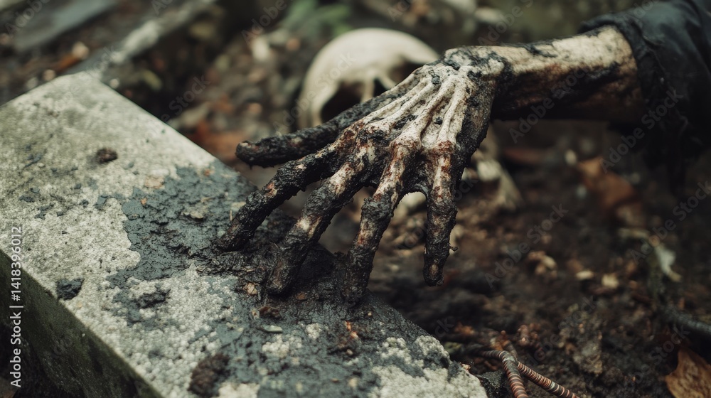 Fototapeta premium A decaying, muddy zombie hand reaches out from a grave.