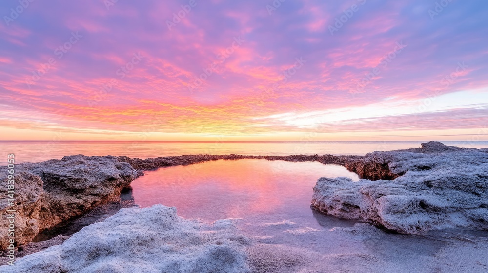Obraz premium Coastal Rock Pool Sunrise Serenity Vibrant Sunset High-resolution long exposure Landscape Peaceful Reflection Coastal dawn Pastel hues Perfect for travel brochures