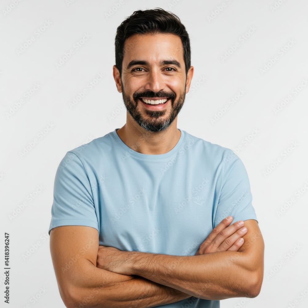 Smiling man in light blue t-shirt with arms crossed and confident pose isolated on white background Smiling man in light blue t-shirt with arms crossed and confident pose isolated on white background