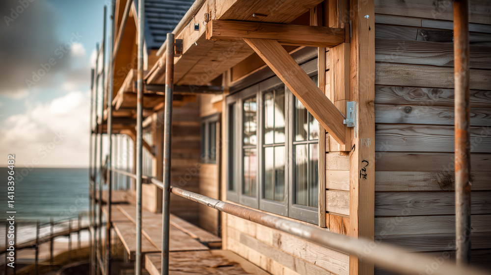 Obraz premium Coastal home construction: wooden building with scaffolding overlooks the ocean, blending nature and architecture in a serene setting.