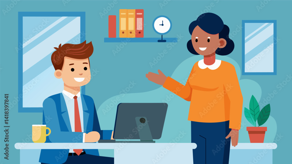Obraz premium A colleague eagerly shows the new hire around their workstation offering tips and tricks for navigating the companys systems and procedures.. Vector illustration