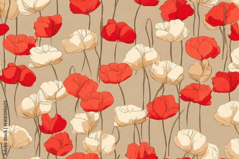 Obraz premium A pattern featuring red and cream-colored stylized flowers on thin stems against a brown background. The flowers are densely distributed.
