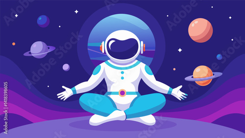 In a virtual yoga class the astronaut balances effortlessly in midair surrounded by serene space vistas as she learns to control her breathing in the. Vector illustration