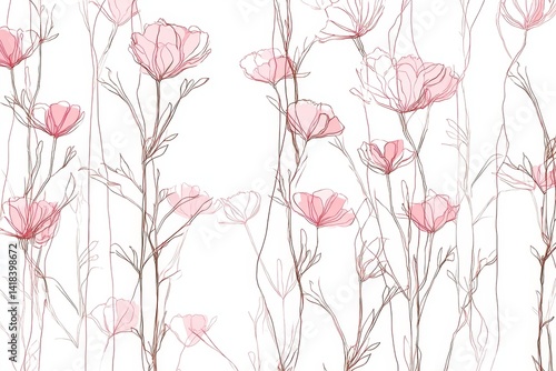 Floral illustration featuring delicate pink blooms and slender stems against a clean white backdrop. The style is ethereal and light.