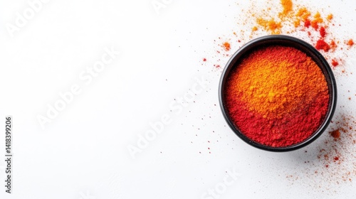 Vibrant spice blend in a black bowl.  A layered mix of orange and red spice powders, scattered on a white background
