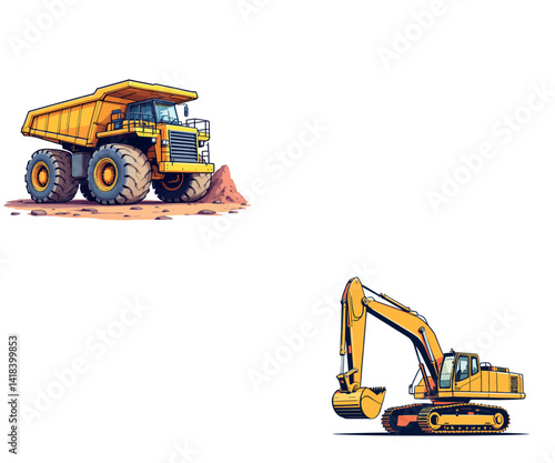 Vsai dump truck and excavator are working on a construction or mining site