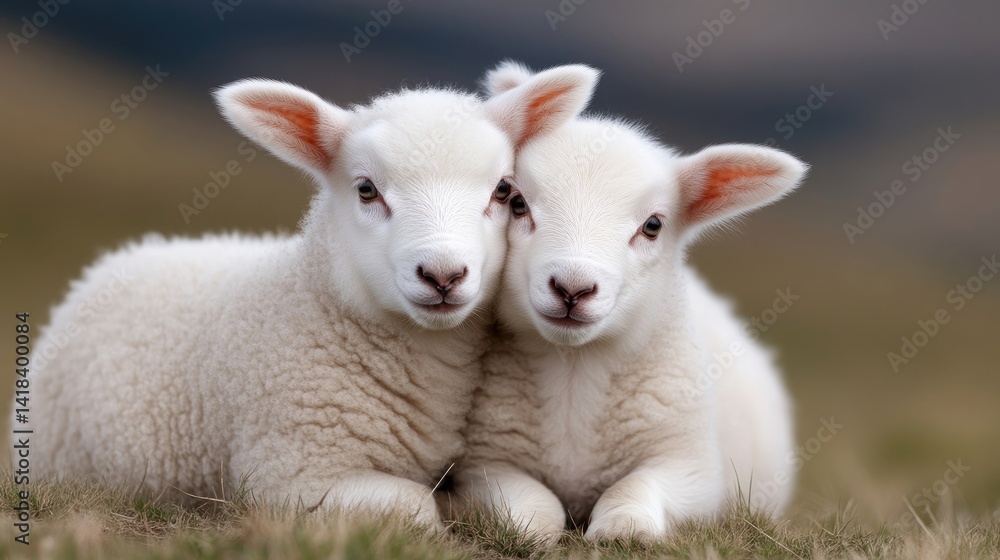 Fototapeta premium Two adorable lambkins nestled close together