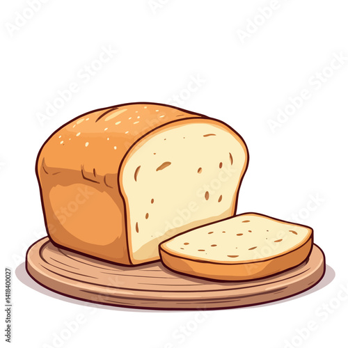 Vsai loaf of white bread with slice on wooden cutting board