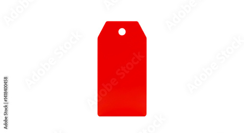 A single, isolated, bright red tag with a hole at the top is centered on a black background plain view selling, purchasing, agreement, $