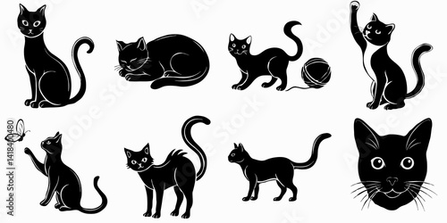 Set of Black Cat Silhouettes in Various Poses and Activities