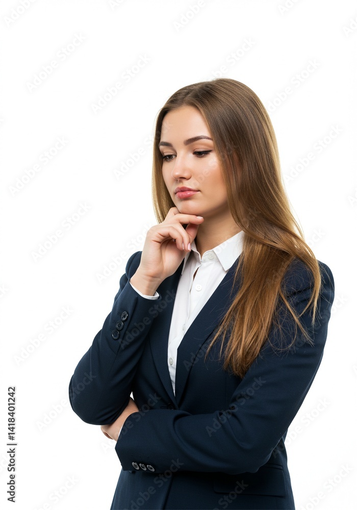 a beautiful woman is thinking about long term business strategy with her hand on her chin a beautiful woman is thinking about long term business strategy with her hand on her chin