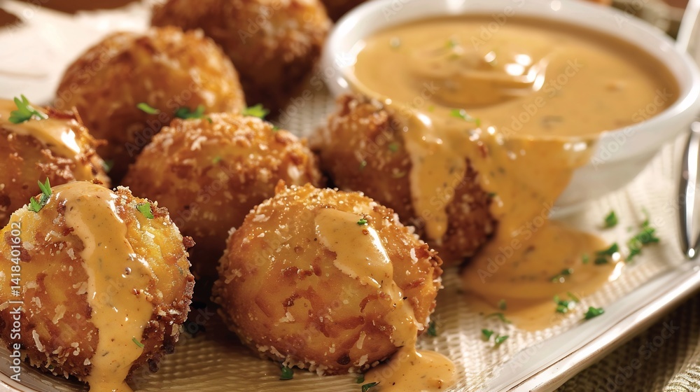 Southern hush puppies crispy golden crust served with spicy remoulade sauce famous American deep fried side dish Southern hush puppies crispy golden crust served with spicy remoulade sauce famous American deep fried side dish
