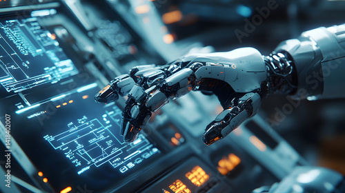 Human-Machine Interface: Close-up of Robotic Hand Controlling Technological Data