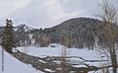 Obraz na płótnie Tibble Fork Loop winter storm snow views from hiking trail Lone Peak Wilderness Uinta Wasatch Cache National Forest, Rocky Mountains, Utah. United States. w salonie